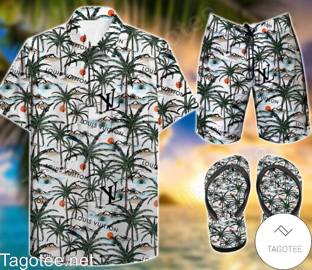 Louis Vuitton White 1854 Combo Hawaiian Shirt, Beach Shorts And Flip Flop -  Tagotee