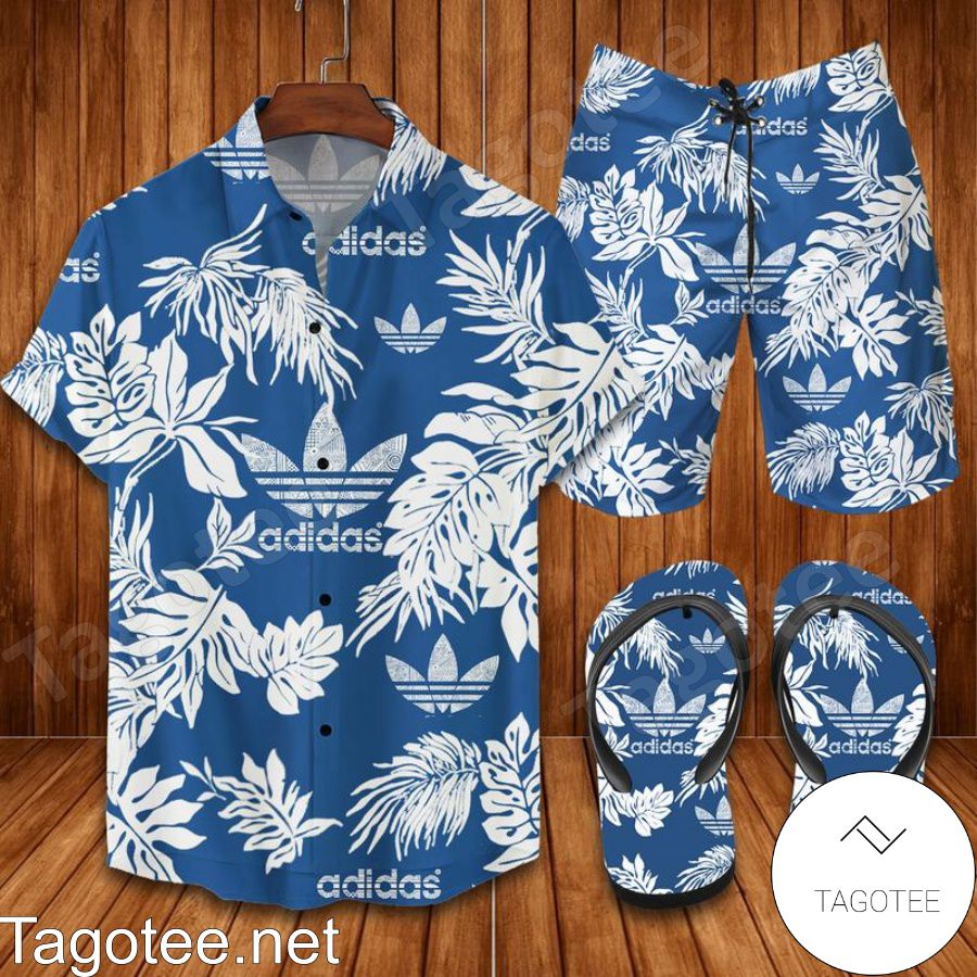 Adidas Blue Combo Hawaiian Shirt, Beach Shorts And Flip Flop