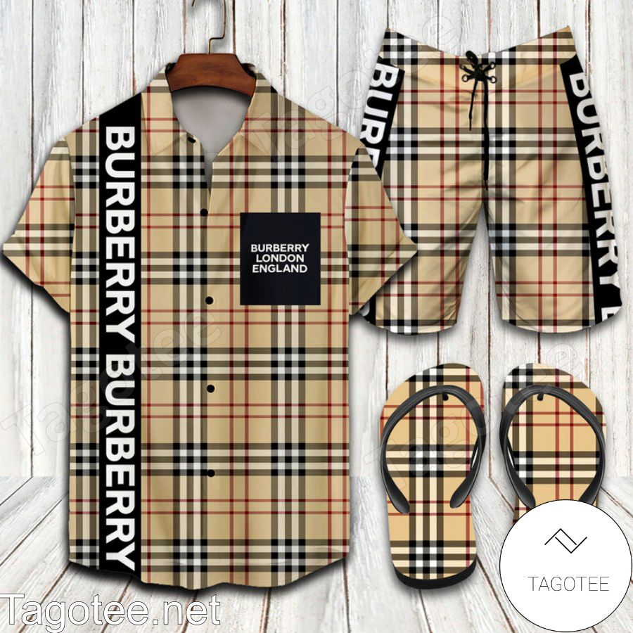 Burberry London England Limited 2022 Combo Hawaiian Shirt, Beach Shorts And Flip Flop