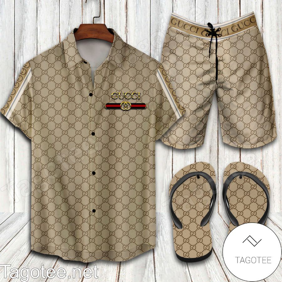 Gucci 2022 Brand Printing Combo Hawaiian Shirt, Beach Shorts And Flip Flop