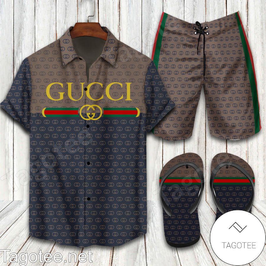 Gucci 2022 Brown And Black Combo Hawaiian Shirt, Beach Shorts And Flip Flop