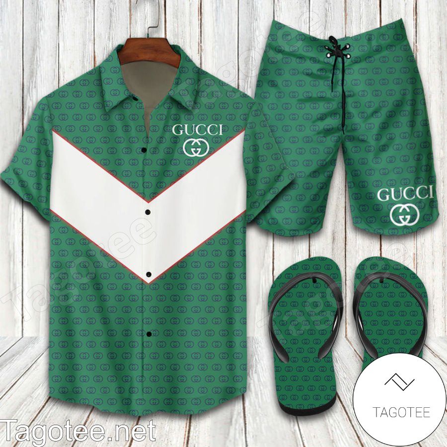 Gucci 2022 Green Combo Hawaiian Shirt, Beach Shorts And Flip Flop