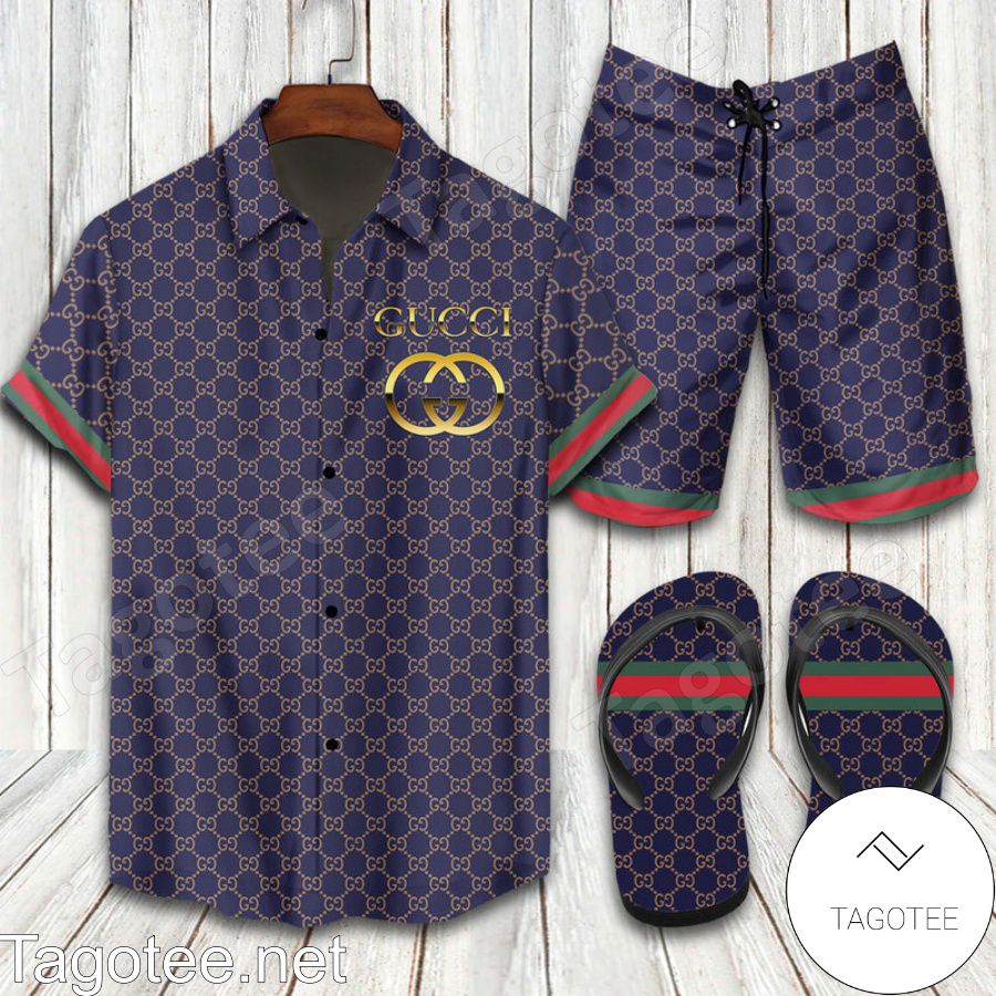 Gucci 2022 Purple Combo Hawaiian Shirt, Beach Shorts And Flip Flop