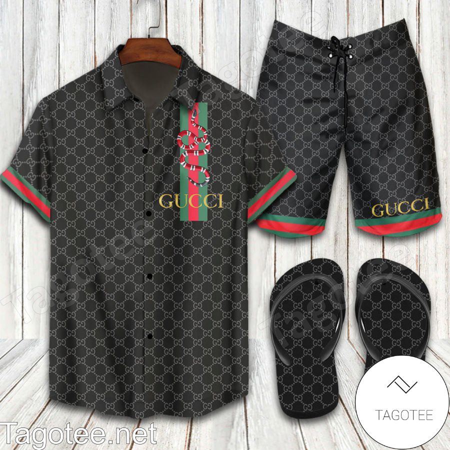 Gucci 2022 Vertical Stripes With Snake Print Combo Hawaiian Shirt, Beach Shorts And Flip Flop