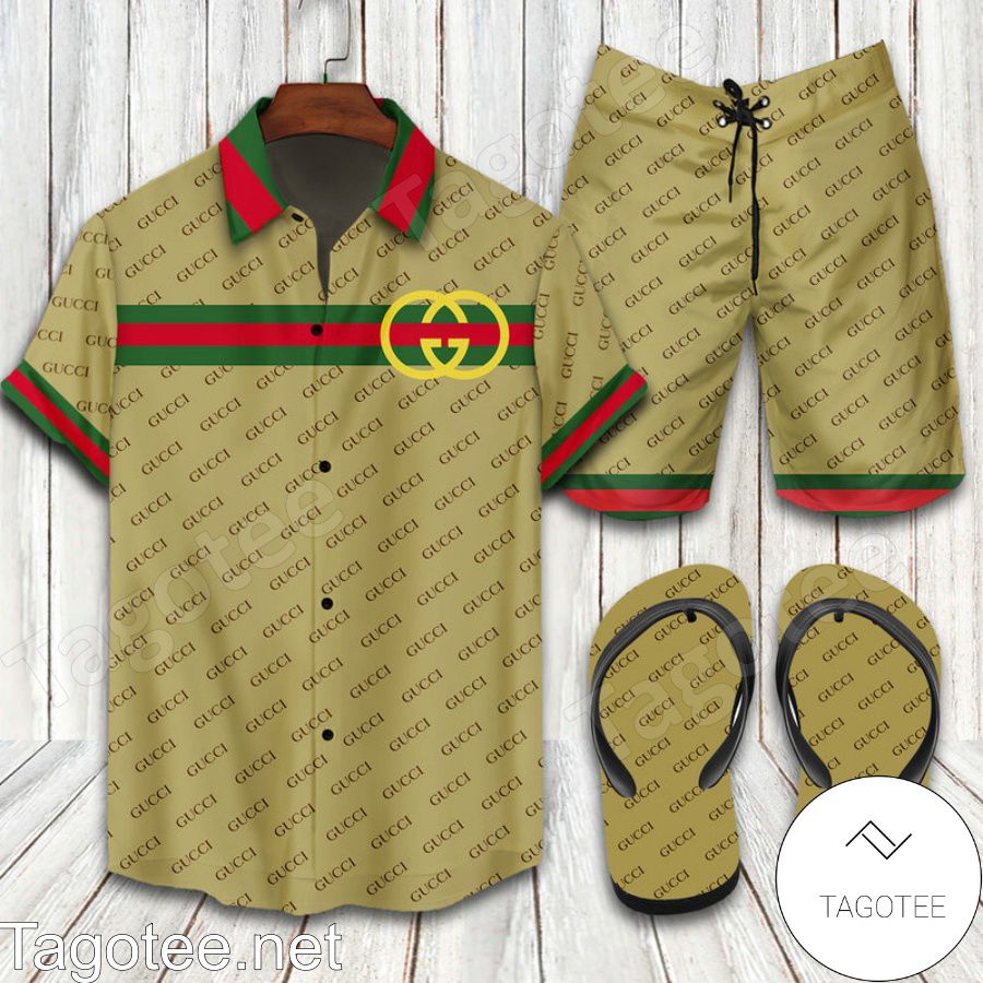 Gucci 2022 Yellow Combo Hawaiian Shirt, Beach Shorts And Flip Flop