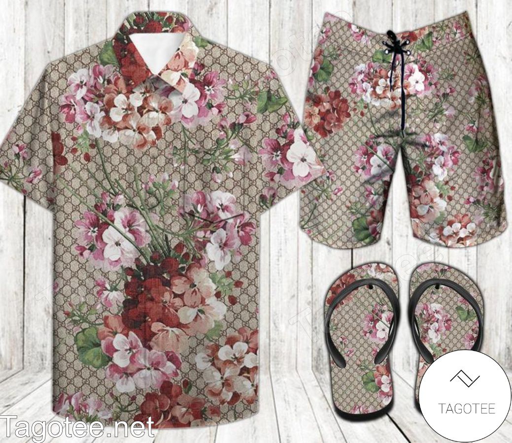 Gucci Blooms Combo Hawaiian Shirt, Beach Shorts And Flip Flop