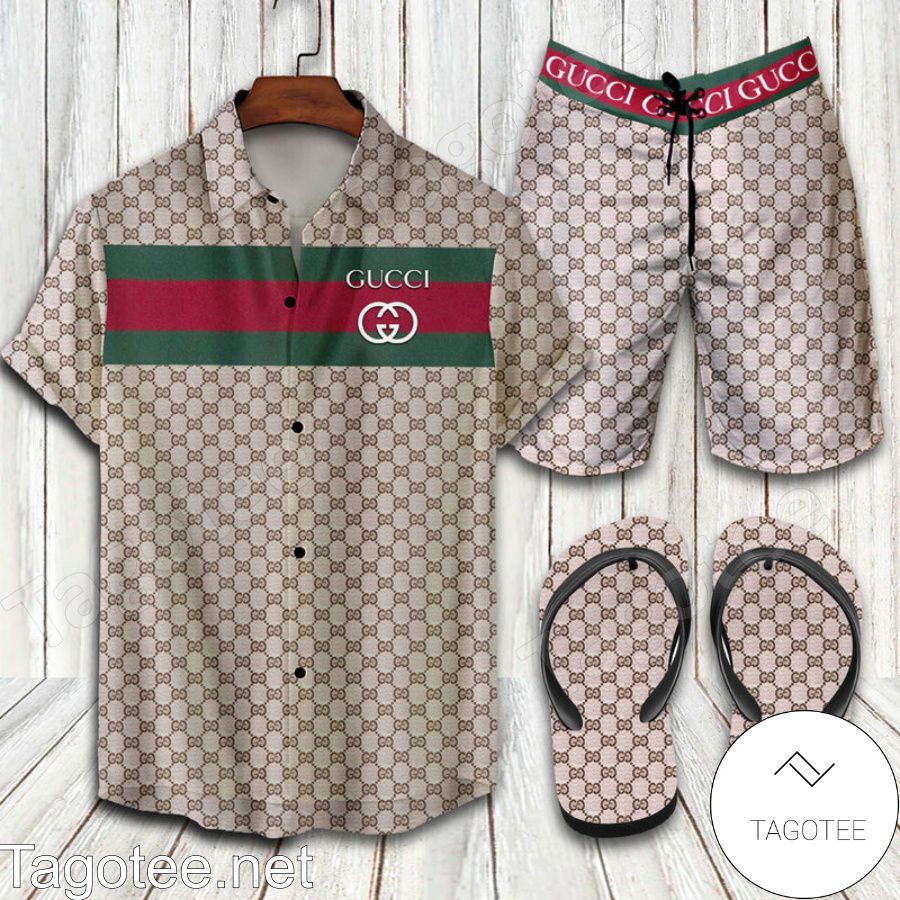 Gucci Brown Combo Hawaiian Shirt, Beach Shorts And Flip Flop