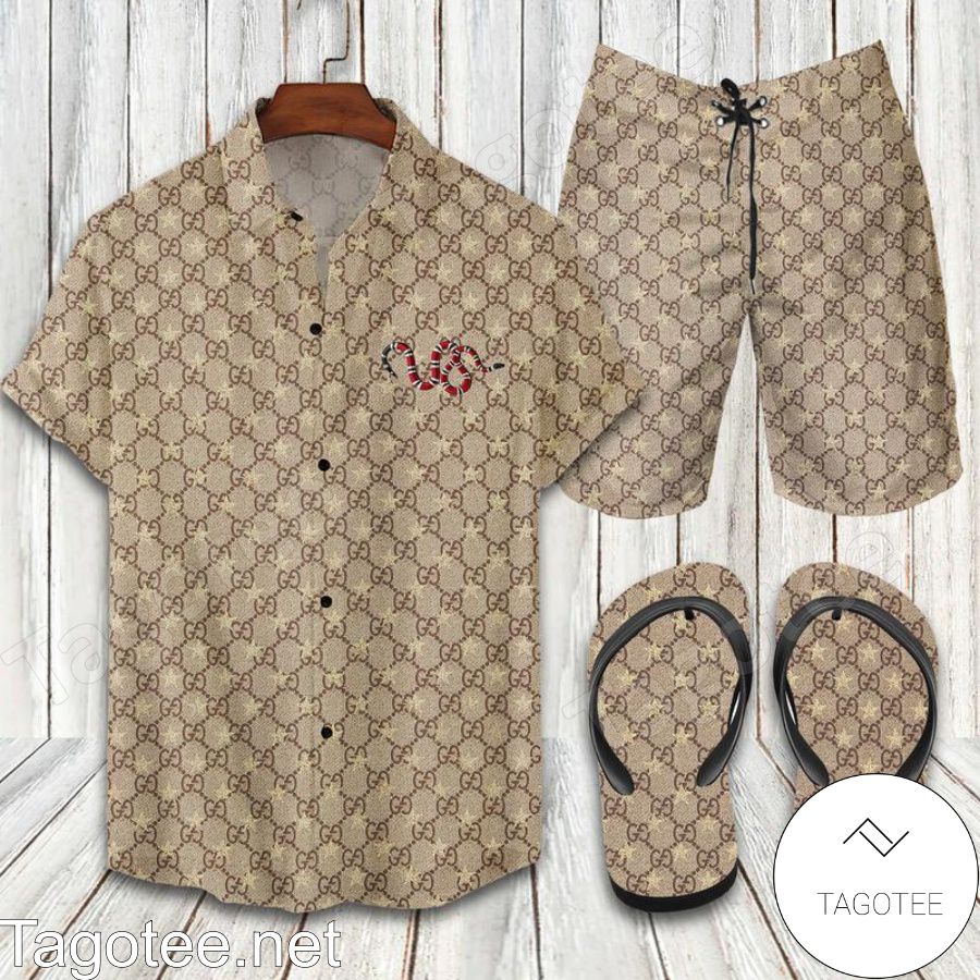Gucci Brown Snake Combo Hawaiian Shirt, Beach Shorts And Flip Flop