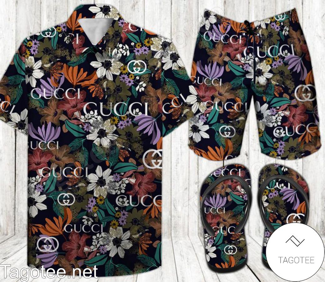 Gucci Colorful Flowers Combo Hawaiian Shirt, Beach Shorts And Flip Flop