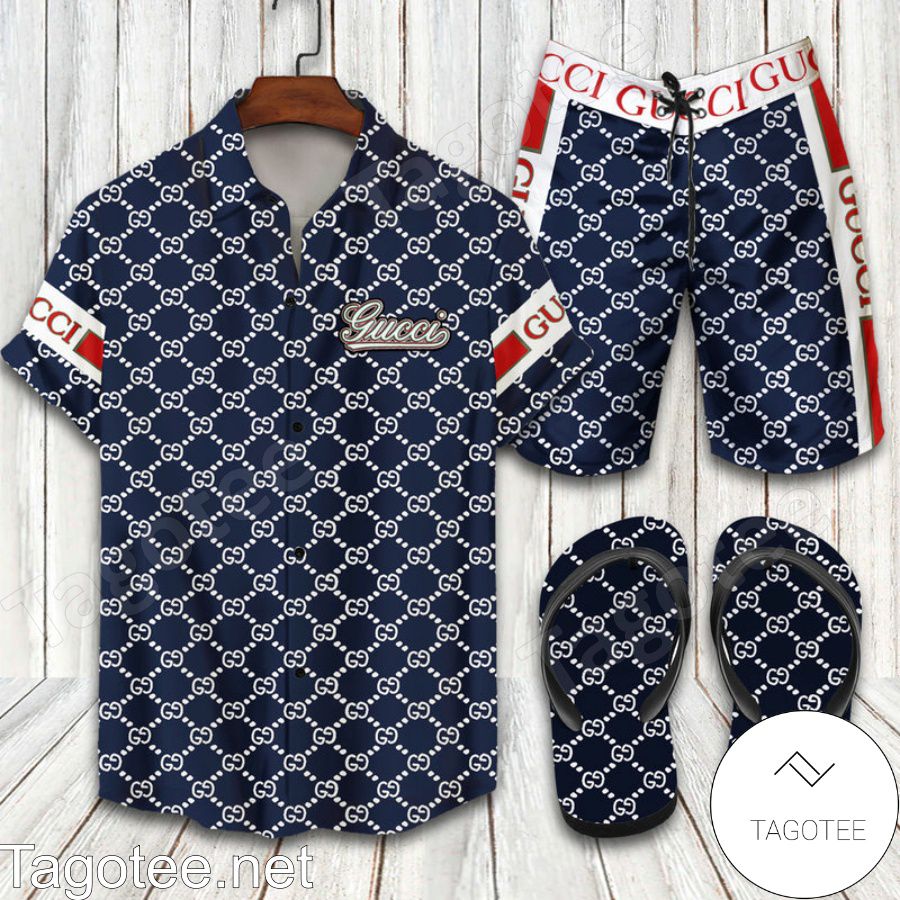 Gucci Dark Blue Combo Hawaiian Shirt, Beach Shorts And Flip Flop