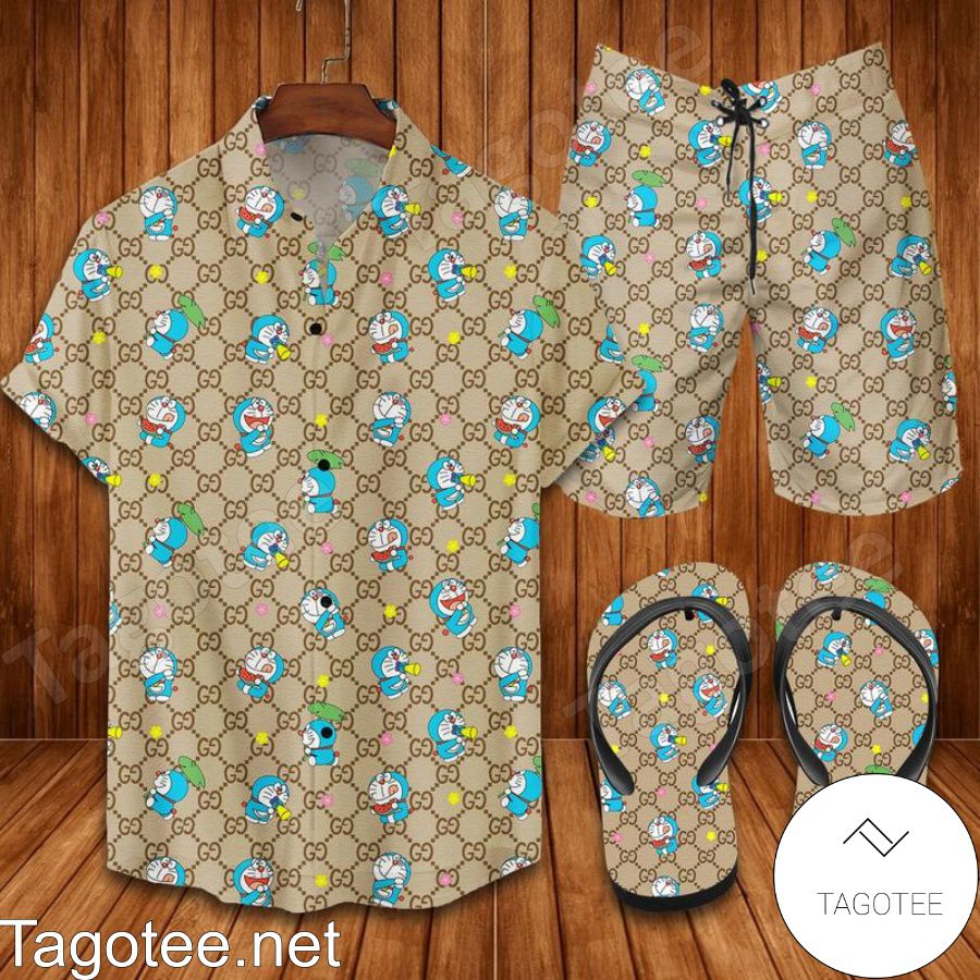 Gucci Doremon Combo Hawaiian Shirt, Beach Shorts And Flip Flop