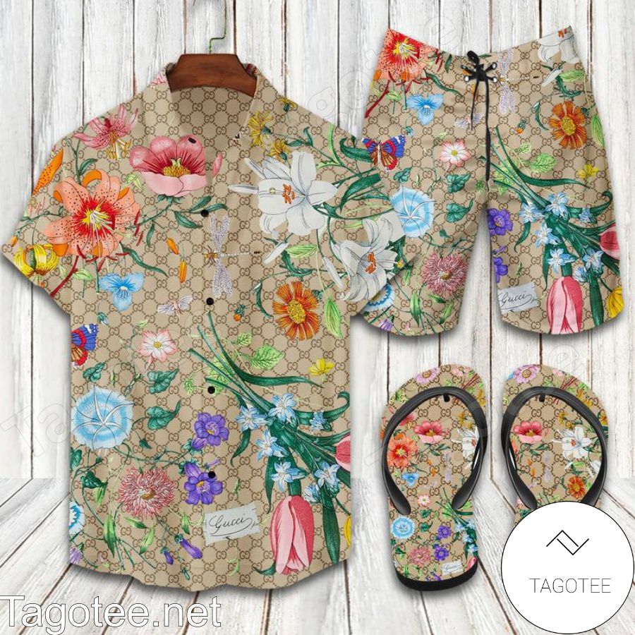 Gucci Floral Fabric Combo Hawaiian Shirt, Beach Shorts And Flip Flop