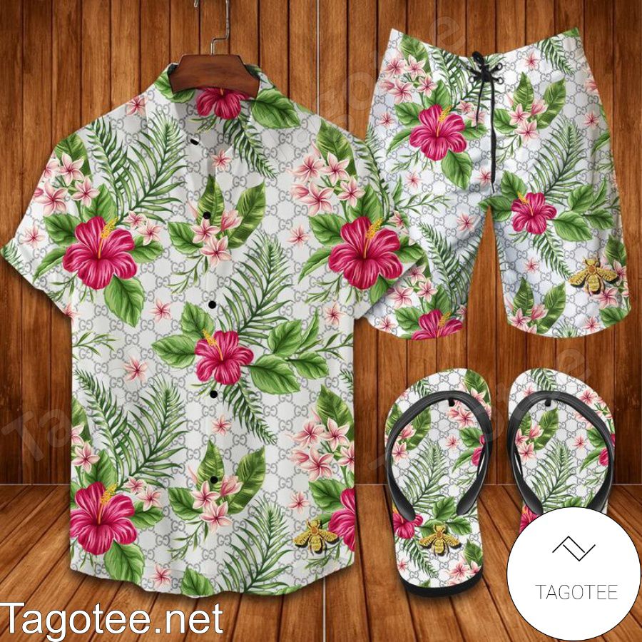Gucci Hibiscus Flower Combo Hawaiian Shirt, Beach Shorts And Flip Flop