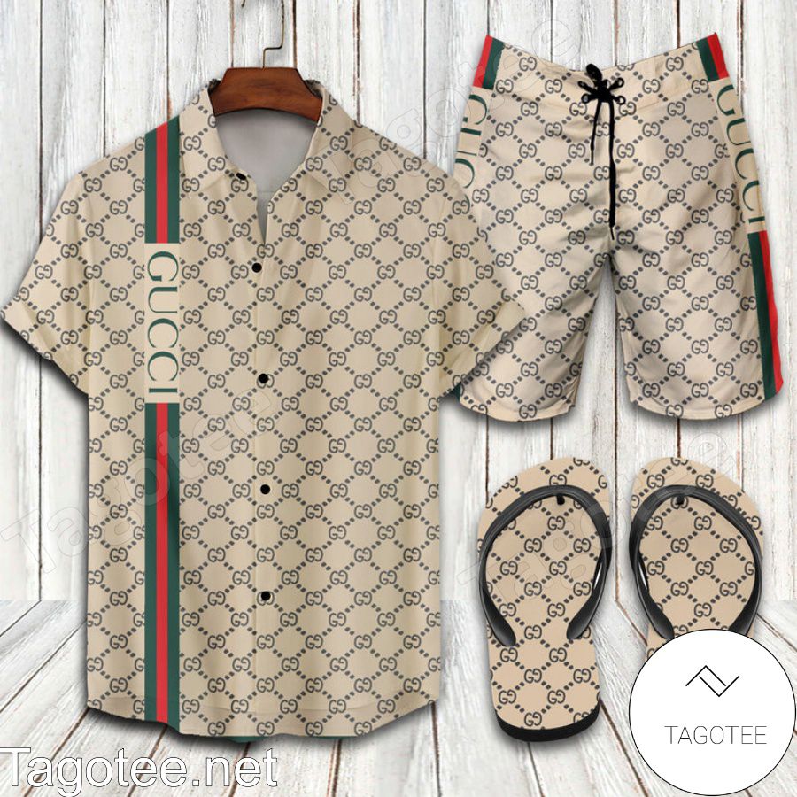 Gucci Line Combo Hawaiian Shirt, Beach Shorts And Flip Flop