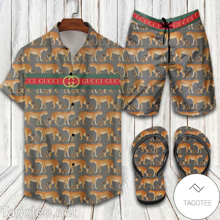 Gucci Panther Combo Hawaiian Shirt, Beach Shorts And Flip Flop