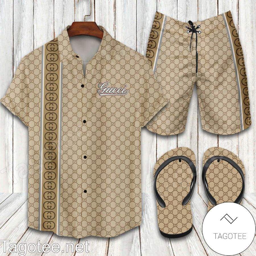 Gucci Pattern Combo Hawaiian Shirt, Beach Shorts And Flip Flop