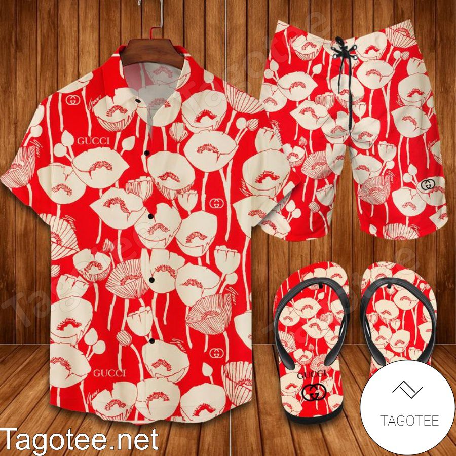 Gucci Red Bloom Combo Hawaiian Shirt, Beach Shorts And Flip Flop