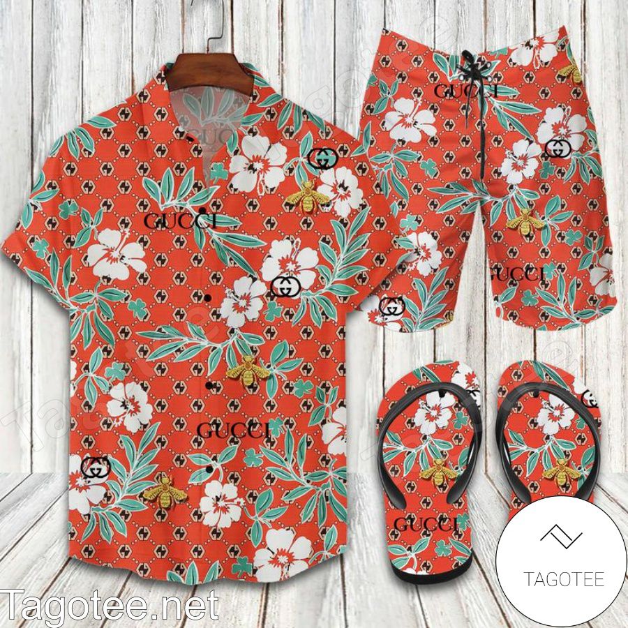 Gucci Red Flower And Bee Combo Hawaiian Shirt, Beach Shorts And Flip Flop