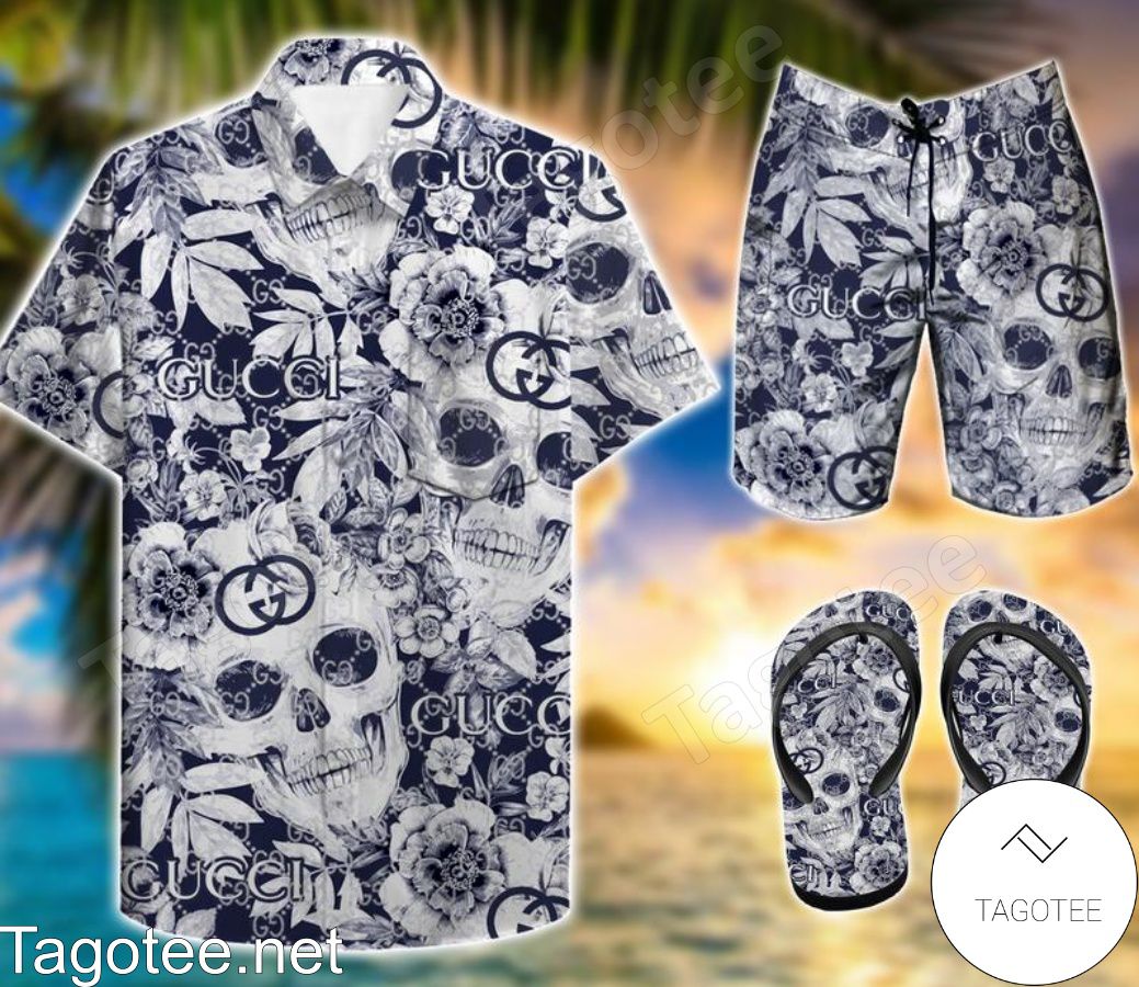 Gucci Skull Combo Hawaiian Shirt, Beach Shorts And Flip Flop