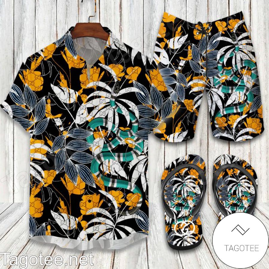 Gucci Snake Print On One Side Combo Hawaiian Shirt, Beach Shorts And Flip Flop