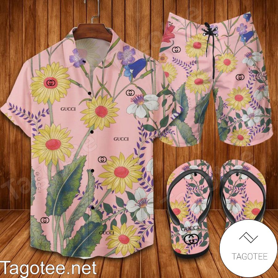 Gucci Sun Flower Combo Hawaiian Shirt, Beach Shorts And Flip Flop