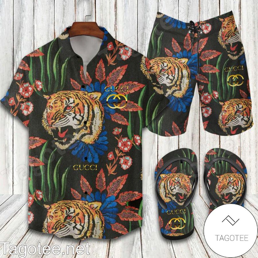 Gucci Tiger Both Flowers And Leaves Combo Hawaiian Shirt, Beach Shorts And Flip Flop