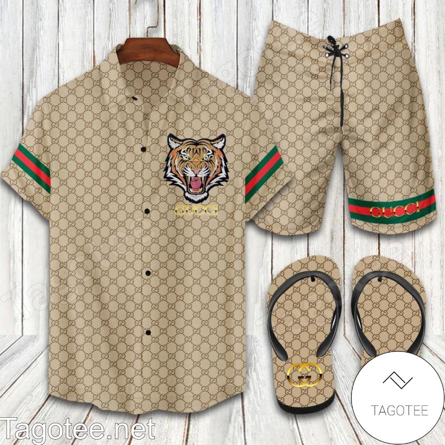 Gucci Tiger Brown Combo Hawaiian Shirt, Beach Shorts And Flip Flop