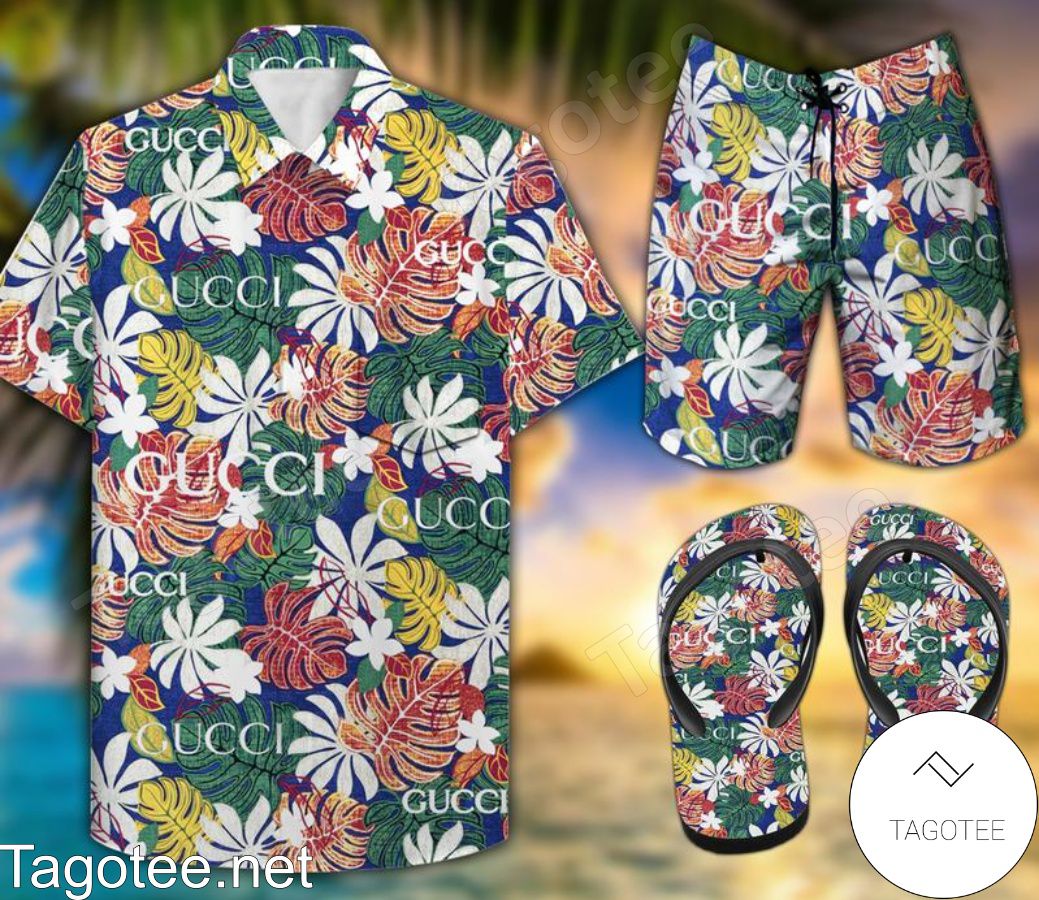 Gucci Tropical Vintage Combo Hawaiian Shirt, Beach Shorts And Flip Flop