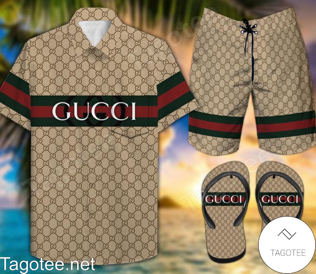 Gucci Two-Color Horizontal Stripe With Gucci Lettering Combo Hawaiian Shirt, Beach Shorts And Flip Flop