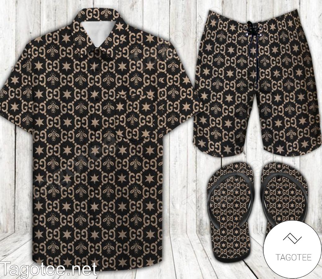 Gucci Yellow Logo On Black Combo Hawaiian Shirt, Beach Shorts And Flip Flop