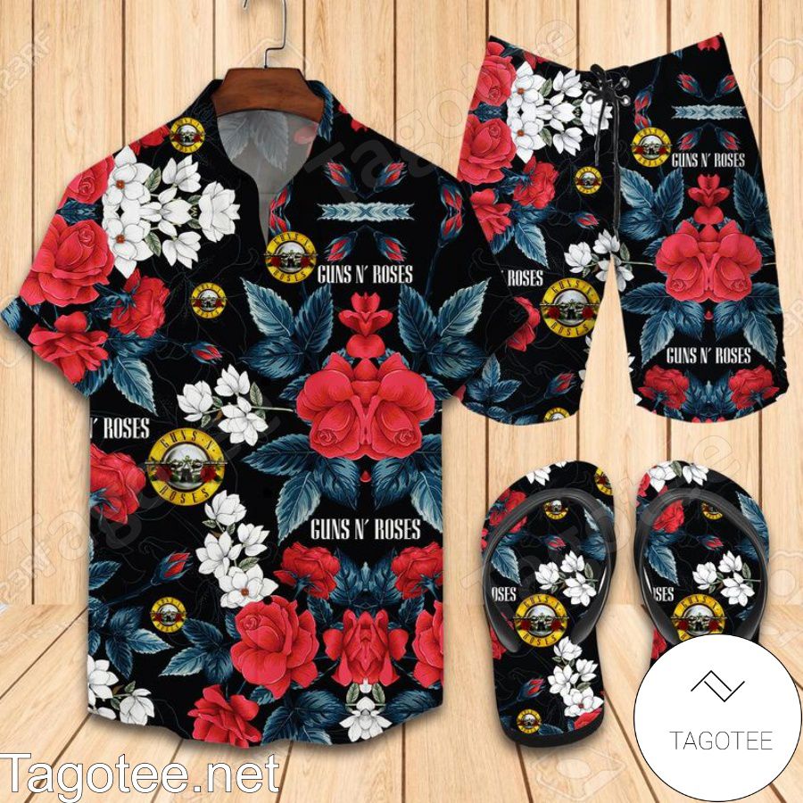 Guns N' Roses Combo Hawaiian Shirt, Beach Shorts And Flip Flop