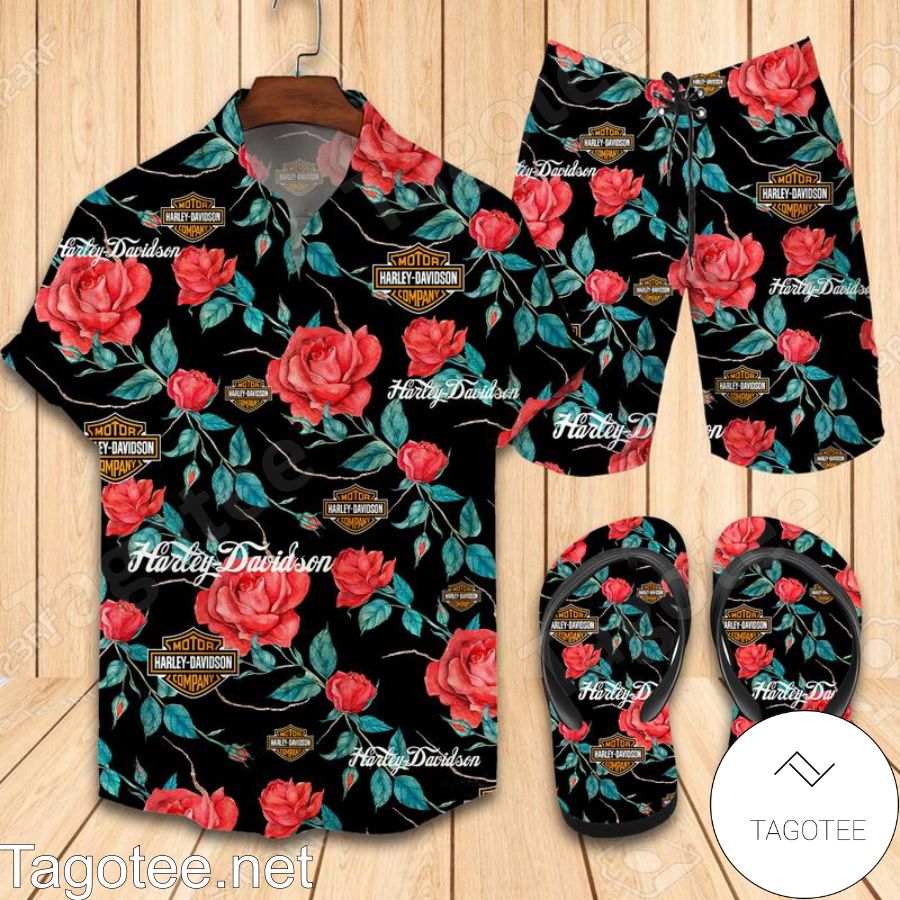 Harley Davidson Rose Combo Hawaiian Shirt, Beach Shorts And Flip Flop