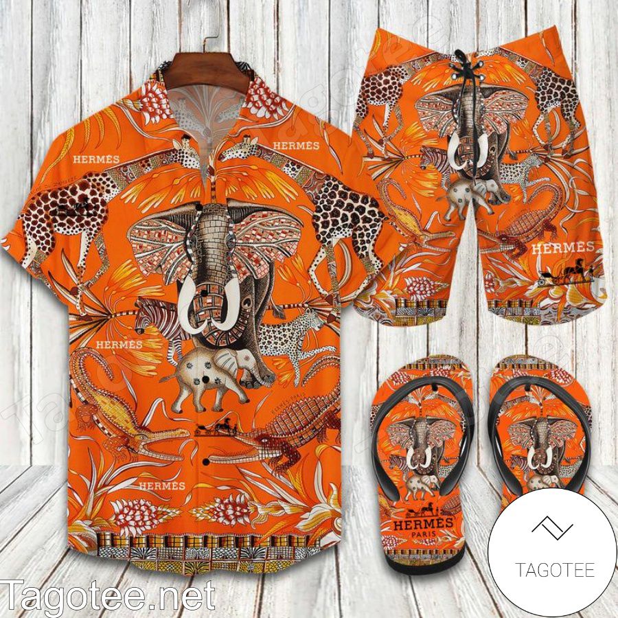 Hermes Elephant Combo Hawaiian Shirt, Beach Shorts And Flip Flop