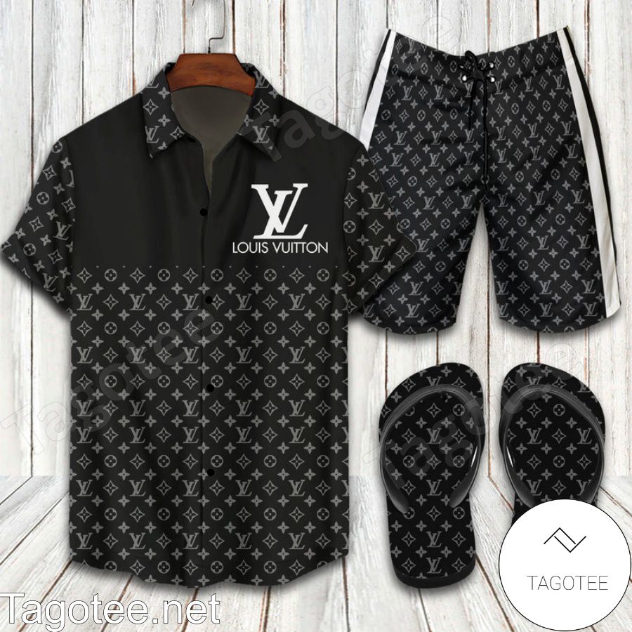 Louis Vuitton 2022 Black Combo Hawaiian Shirt, Beach Shorts And Flip Flop