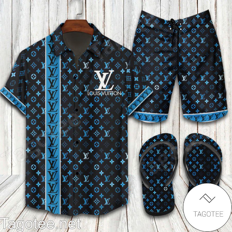 Louis Vuitton 2022 Blue & Black Combo Hawaiian Shirt, Beach Shorts And Flip Flop