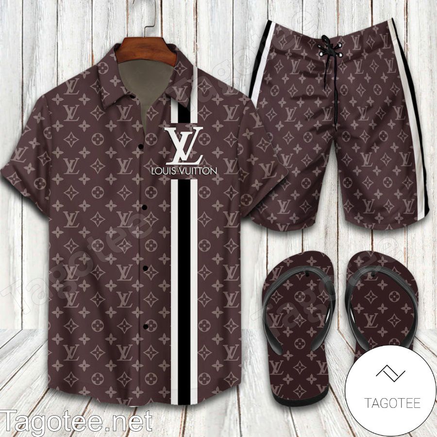 Louis Vuitton 2022 Brown And Two-Color Vertical Stripe Combo Hawaiian Shirt, Beach Shorts And Flip Flop