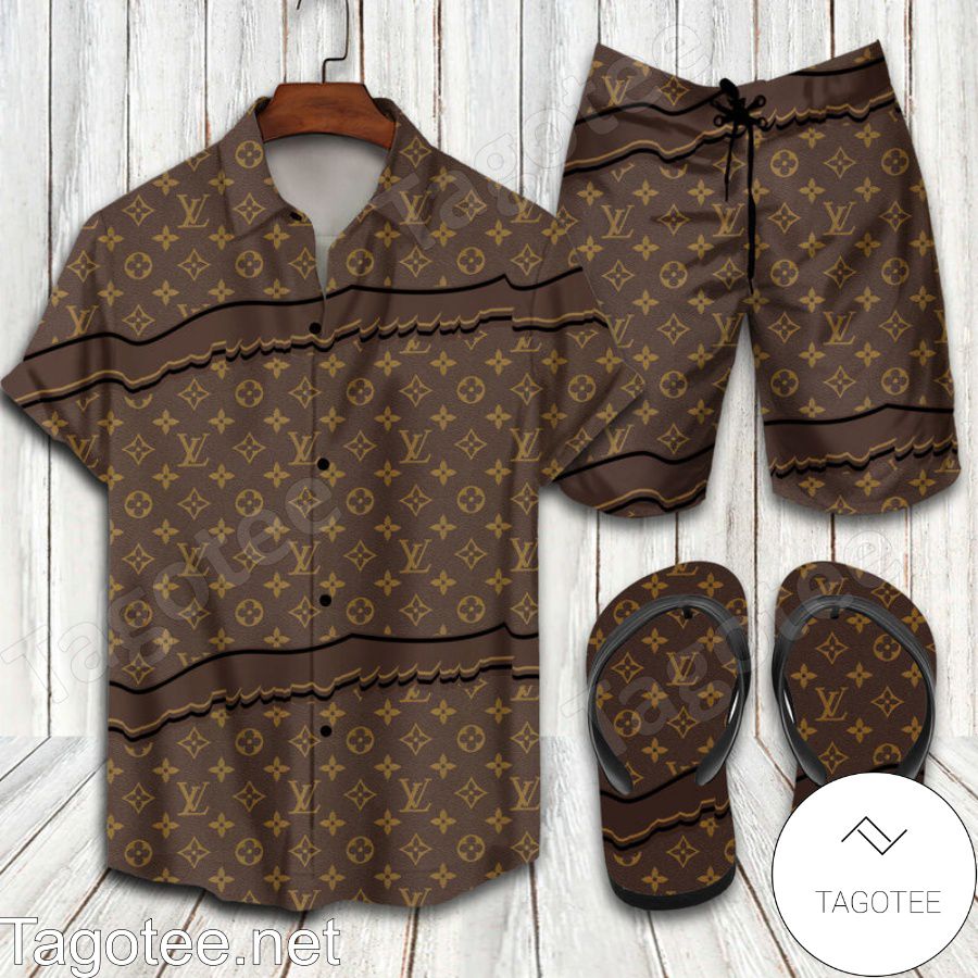 Louis Vuitton 2022 Brown Combo Hawaiian Shirt, Beach Shorts And Flip Flop