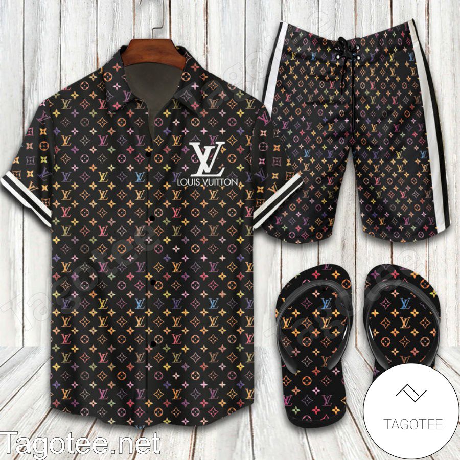 Louis Vuitton 2022 Colorful Combo Hawaiian Shirt, Beach Shorts And Flip Flop
