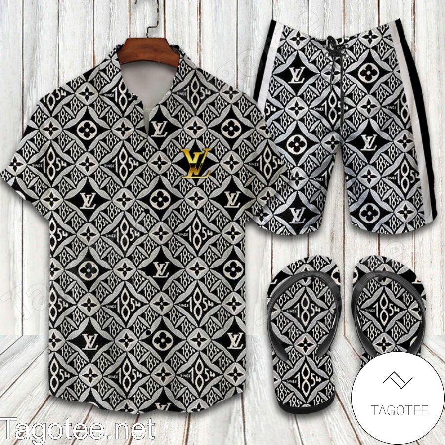 Louis Vuitton 2022 Gray 1854 Combo Hawaiian Shirt, Beach Shorts And Flip Flop