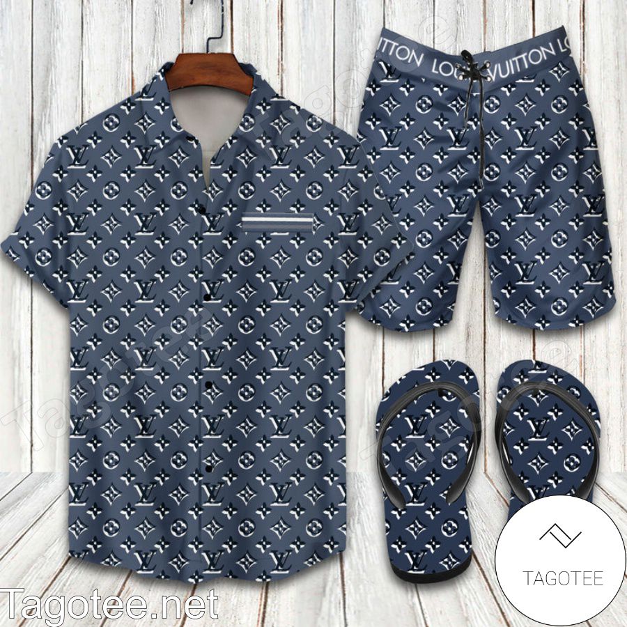 Louis Vuitton 2022 Gray Combo Hawaiian Shirt, Beach Shorts And Flip Flop