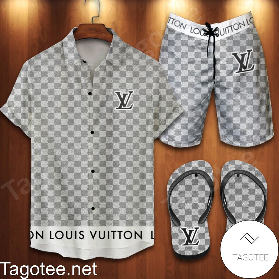 Louis Vuitton 2022 Many Squares On The Shirt Combo Hawaiian Shirt, Beach Shorts And Flip Flop