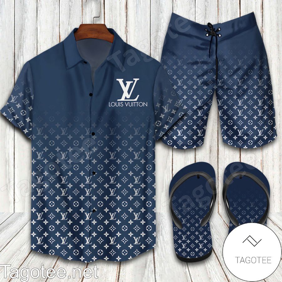 Louis Vuitton 2022 Pale Blue Combo Hawaiian Shirt, Beach Shorts And Flip Flop