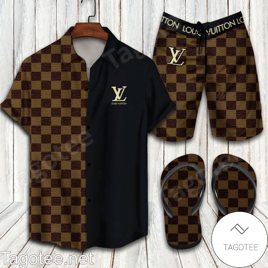 Louis Vuitton Black And Brown Combo Hawaiian Shirt, Beach Shorts And Flip Flop