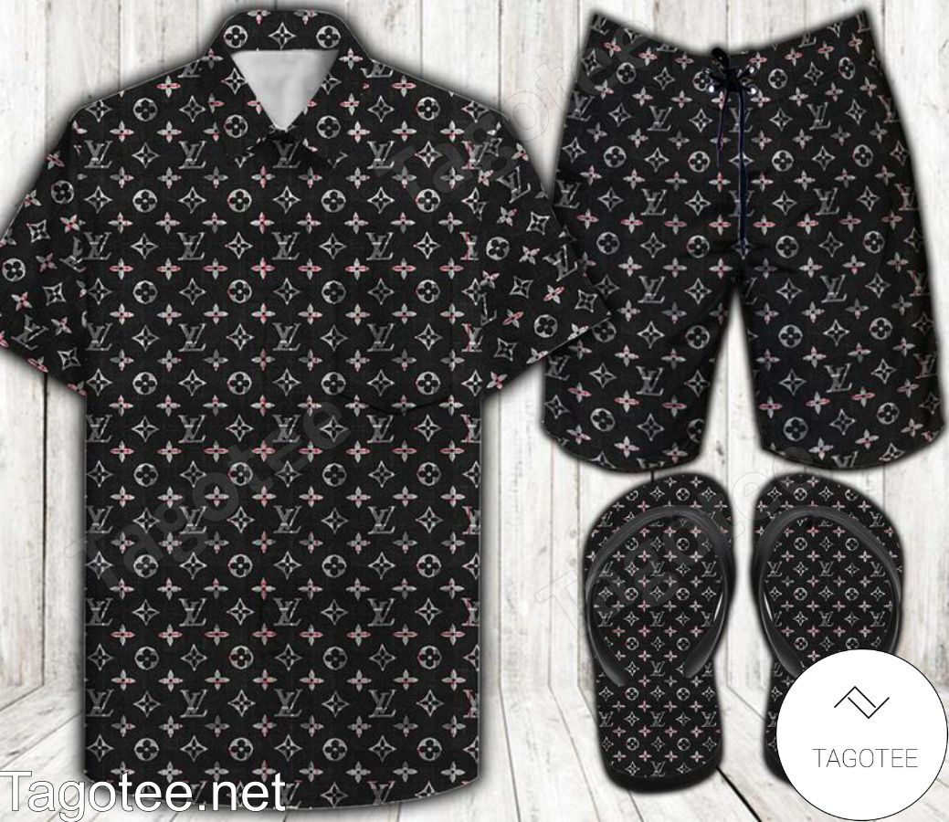 Louis Vuitton Black Combo Hawaiian Shirt, Beach Shorts And Flip Flop