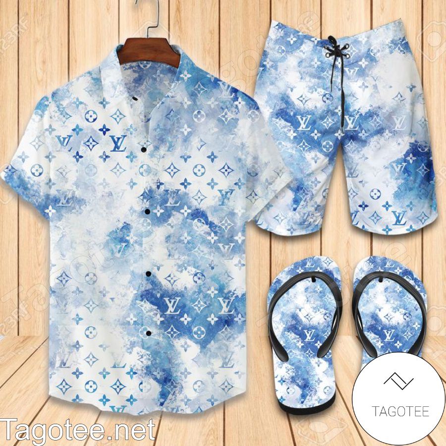 Louis Vuitton Blue And White Combo Hawaiian Shirt, Beach Shorts And Flip Flop