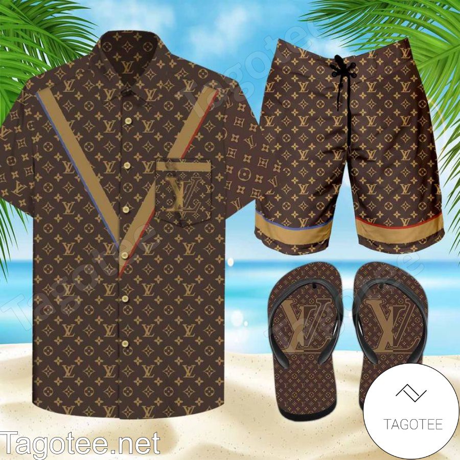 Louis Vuitton Brown Combo Hawaiian Shirt, Beach Shorts And Flip Flop