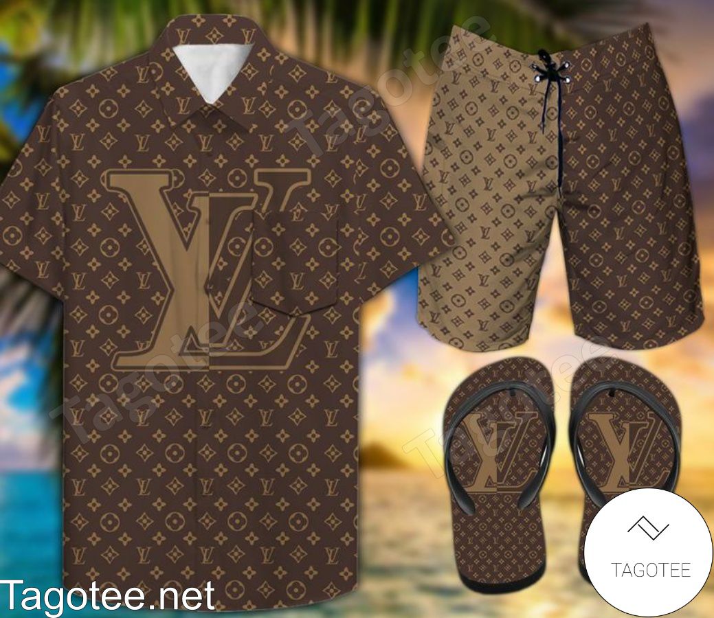 Louis Vuitton Brown Texture Combo Hawaiian Shirt, Beach Shorts And Flip Flop
