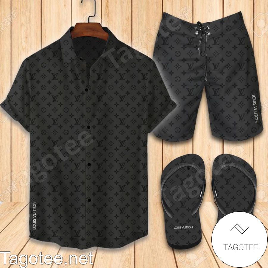 Louis Vuitton Dark Version Combo Hawaiian Shirt, Beach Shorts And Flip Flop