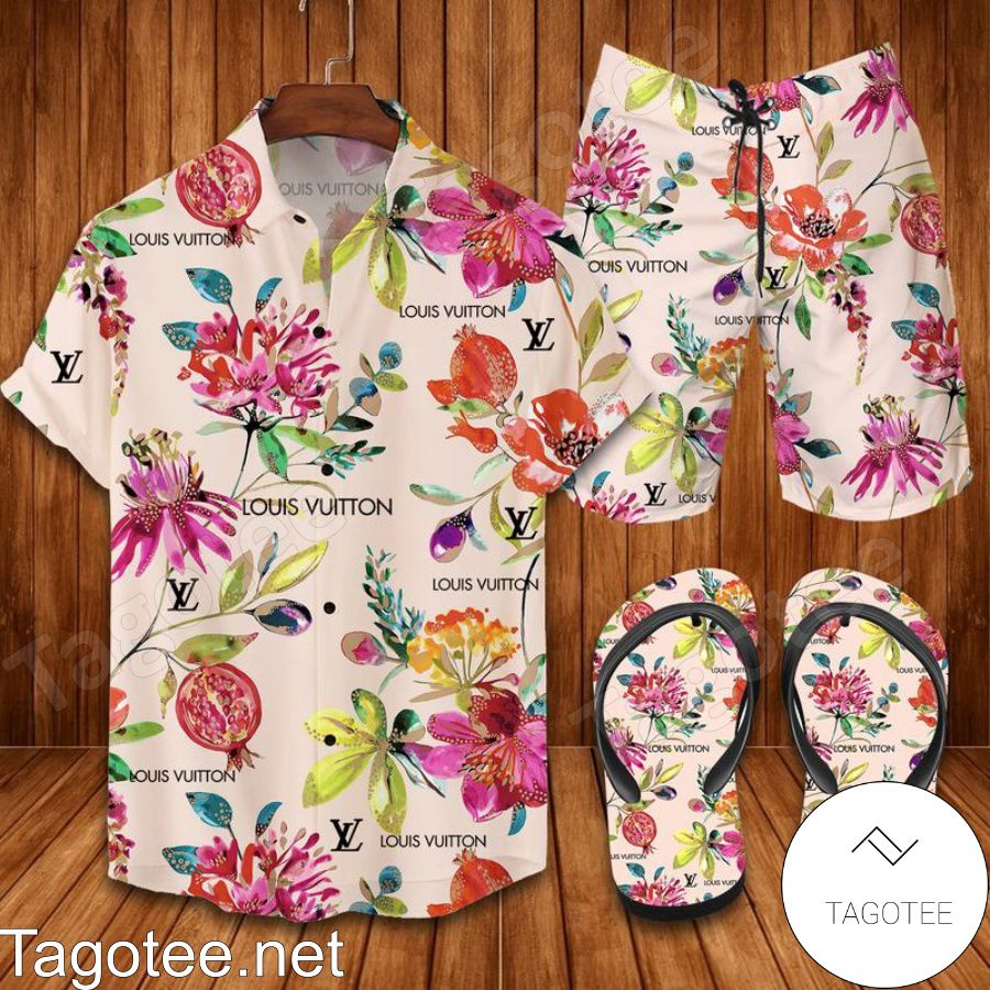 Louis Vuitton Pomegranate Flowers Combo Hawaiian Shirt, Beach Shorts And Flip Flop