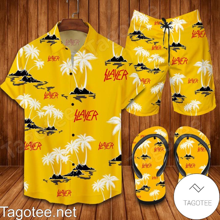 Slayer Palm Yellow Combo Hawaiian Shirt, Beach Shorts And Flip Flop